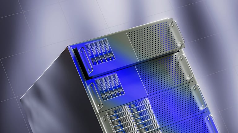 3D server rack illustration representing RAID and NAS storage systems