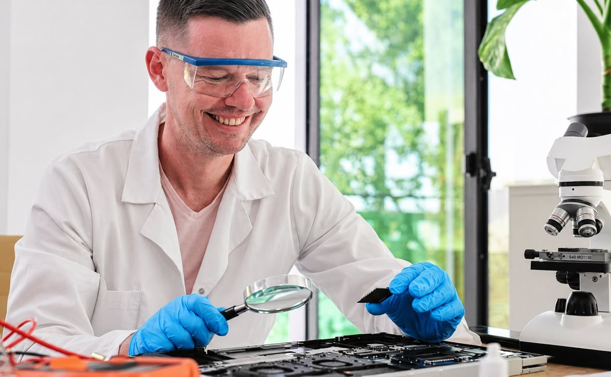 Male scientist in lab coat and safety glasses examining computer circuit board components at laboratory workstation
