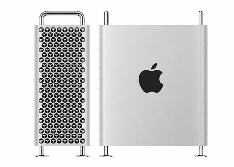 Mac Pro desktop computers shown from front and back views displaying stainless steel cylindrical tower and Apple logo