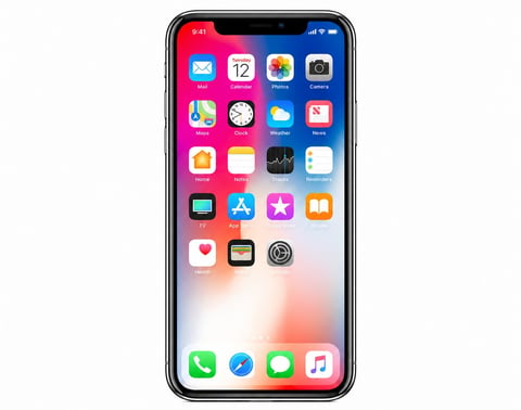 iPhone displaying home screen with colorful app icons including Mail, Calendar, Photos, Camera, Clock, Maps, Weather, Notes, Reminders, Health, App Store, and Music on dock