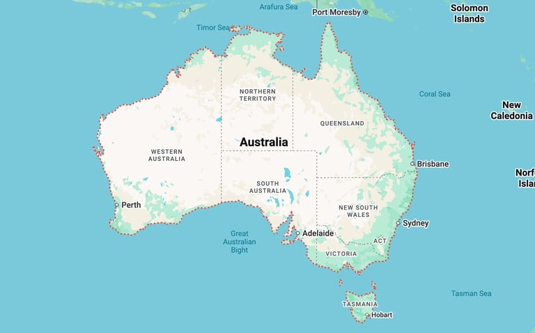 Map of Australia showing states, territories, major cities, and surrounding islands on a turquoise background.