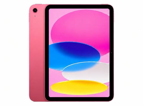 Pink iPad displaying colorful abstract shapes in magenta, blue, and yellow on screen