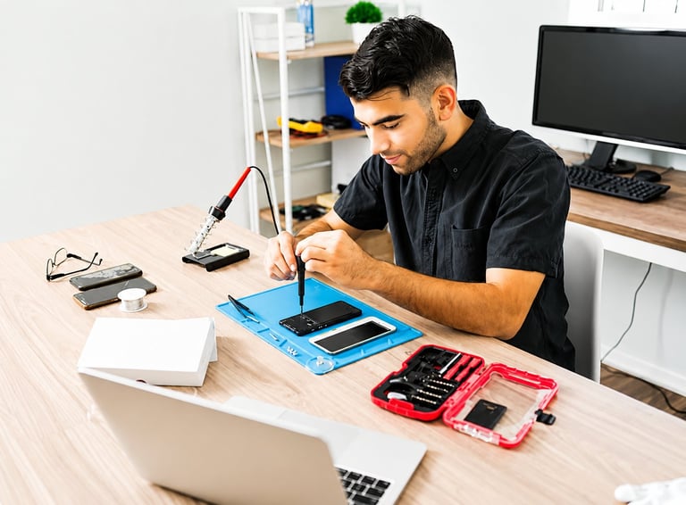 Technician repairing electronics at workbench with disassembled phone components and tools